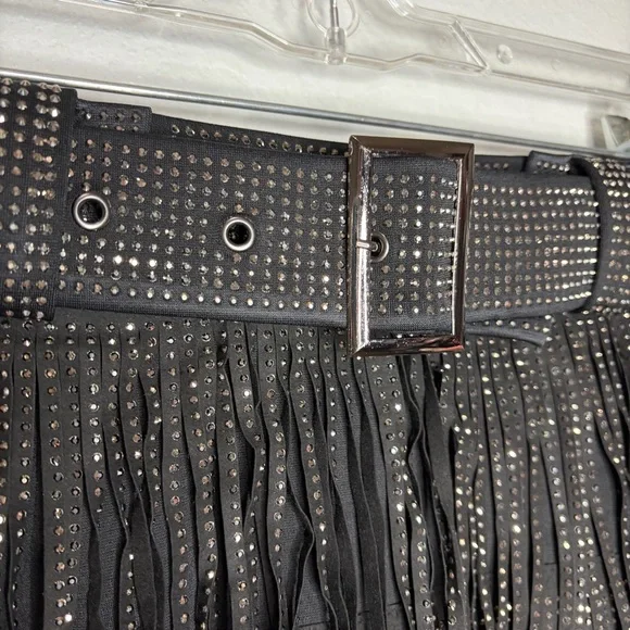 Nylon Apparel Rhinestone Multilayered Tassel Belted Mini Skirt Small Black New - Picture 3 of 8